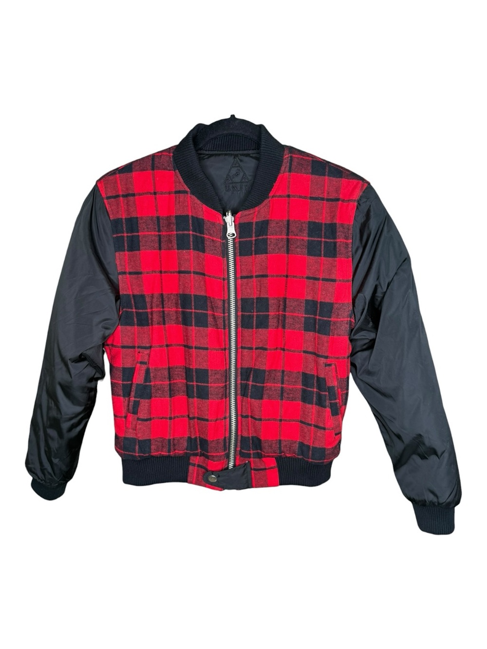 Y2K: UNIF 𖤐 Plaid Reversible Baddie Bomber Jacket 𖤐 Red Buffalo Plaid Black 𖤐 S - Picture 3 of 16